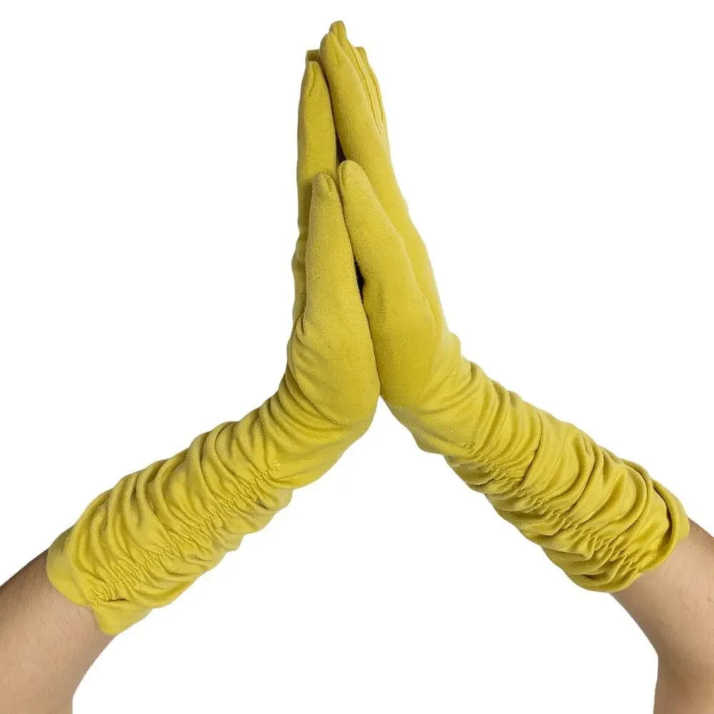Vintage Fownes Embraceable Womens Size 6-7 Yellow Gathered Nylon Long Gloves